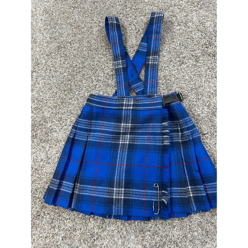 Edinburgh Woollen Mill Kids Blue Tartan Wool Kilt Skirt with Straps Age 2 #0739